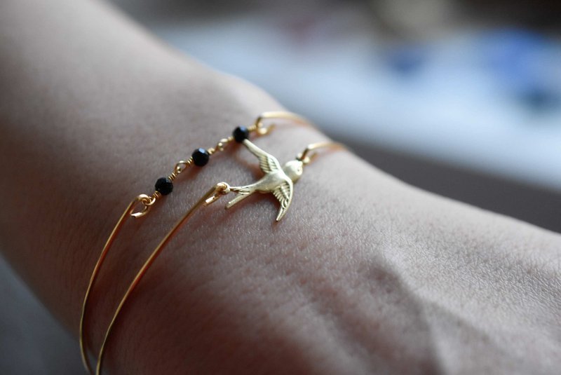 Onyx Swallow Gold Bangle Set - Gold Plated Black Gemstone Rondelles Animal Bird Swallow Jewelry Set - RETARM-38