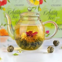 Creano Tea Flower Mix - Geschenkset Bloomed Tea in een modern bloemmotief met glazen pot, groene thee met fruitige smaak (6 varianten)