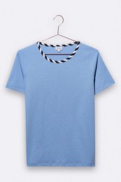  Women's light blue t-shirt with striped trim around the neckline. Made of cotton material, short sleeves, relaxed fit.