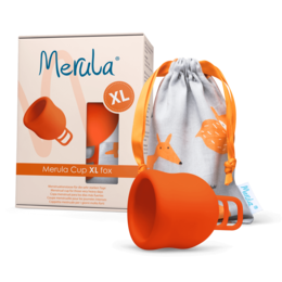 Large orange menstrual cup with fox design, made of soft silicone material, suitable for heavy flow.