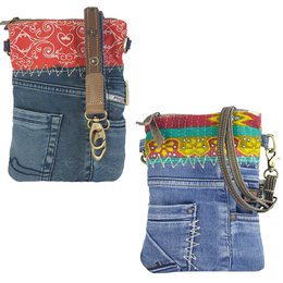 A small women's sustainable shoulder bag made from recycled jeans and canvas. The bag has a vintage retro style and can be worn as a crossbody. It comes in various color combinations including blue jeans and red, 18x23 cm, and blue multicolor, 18x24 cm.