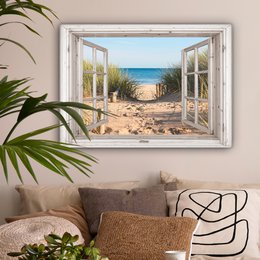 Canvas Maleri - Wall Decoration - View - Beach - Sea - Dunes - Sand - Water - Helmgras