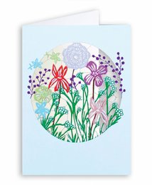 Laser-cut floral card with vibrant colors and intricate designs, featuring a variety of flowers including red and pink blossoms, and a butterfly.