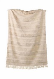  Beige plaid throw with textured stripes and fringed edges, suitable for residential use.