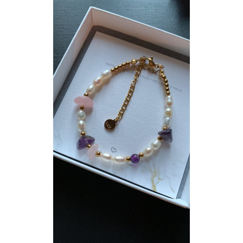 Edelsteen armband | Parel/Amethist/Rozenkwarts | rvs goud
