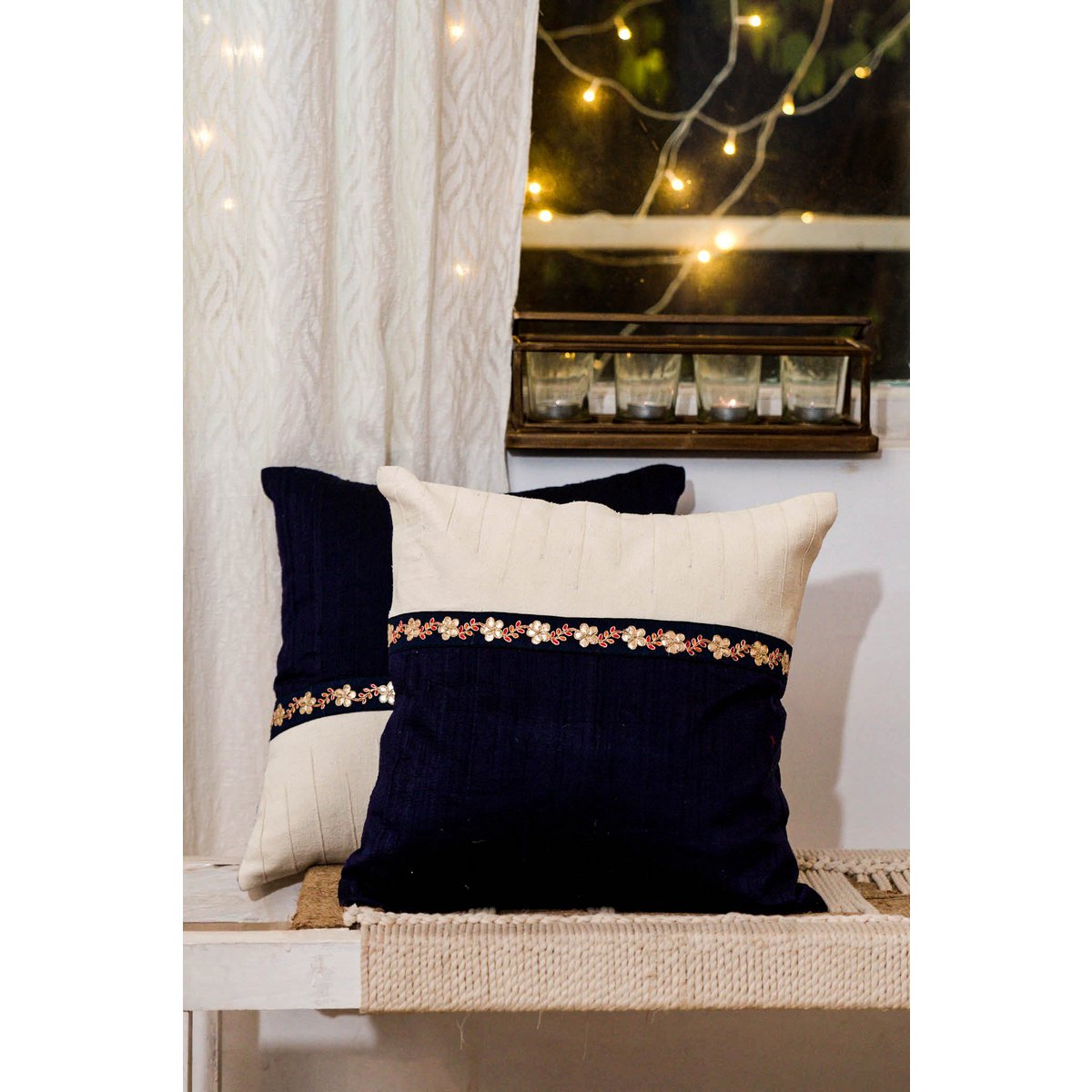 Handwoven Dupion Silk Cushion Cover Dabka Border - Two-Tone