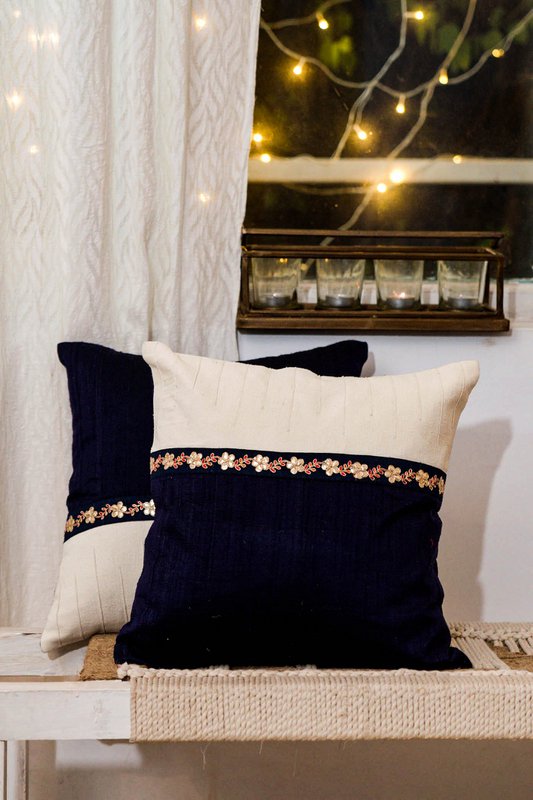 Handwoven Dupion Silk Cushion Cover Dabka Border - Two-Tone