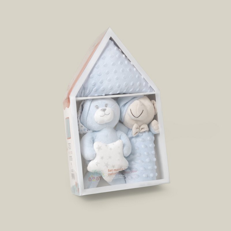 3 STUKS SET (PLUSJE SPEELGOED+DEKEN+DOUDOU) - BLAUW