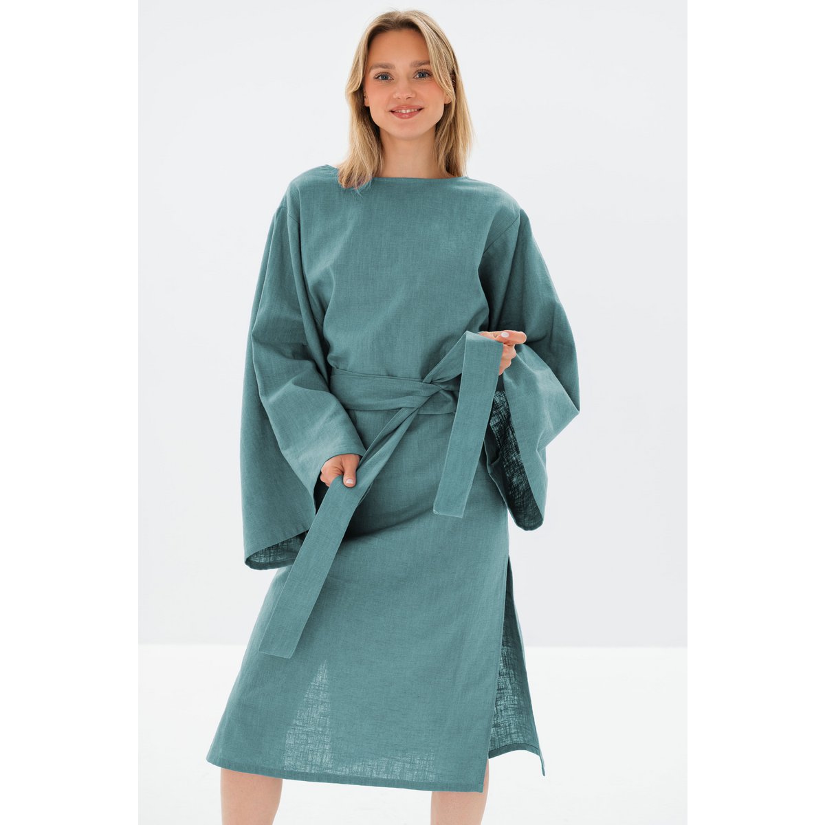 WHISPER — Vestido midi con mangas de kimono de lino lavado a la piedra