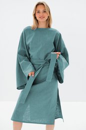 WHISPER — Vestido midi con mangas de kimono de lino lavado a la piedra