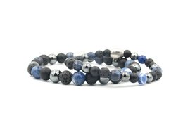 A set of two bracelets featuring blue and black beads, with the text "MR. & MRS." engraved on the beads. The bracelets are available in various size combinations.