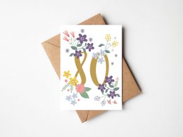 Folding card with a floral pattern in taupe and white colors, featuring the text "Congratulations" on the front. The card is suitable for birthday celebrations.