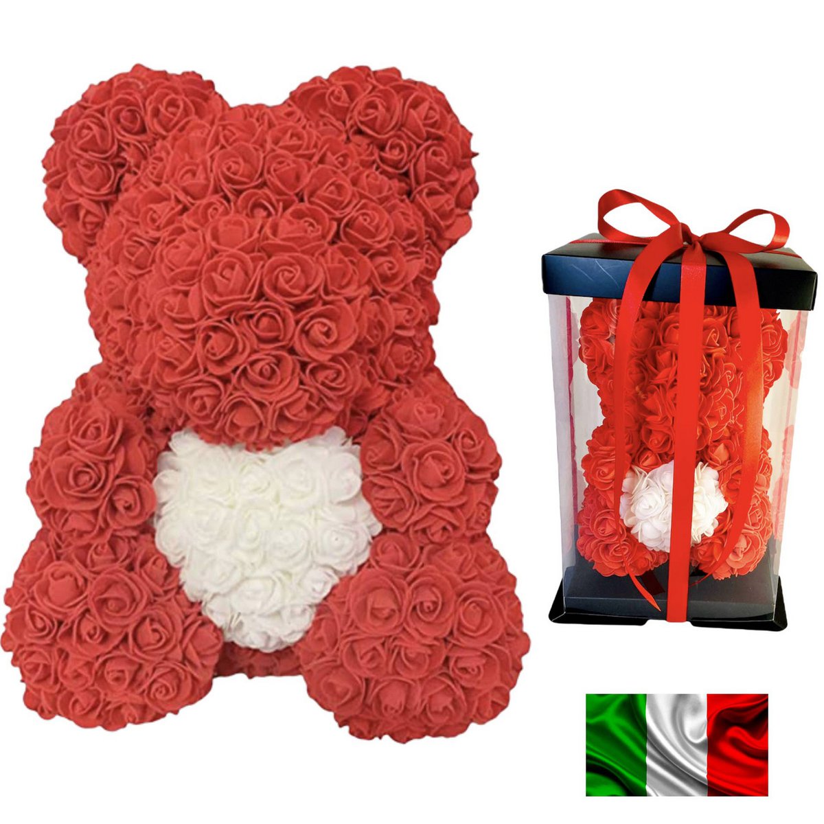 Rose teddy bear 40cm red with white heart