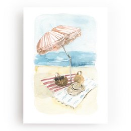"A watercolor painting depicting a beach scene with an umbrella, towel, and other beach accessories. The image suggests a relaxing, summer day at the beach."