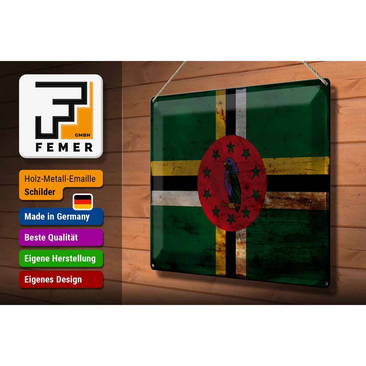 Blechschild Flagge Dominica 40x30cm Flag of Dominica Rost