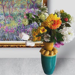 Flores de seda con jarrón de jugo de limón Alto: 37 cm