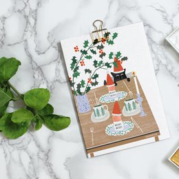 Postkarte 'Weihnachtsfrühstück (mit Katze)'