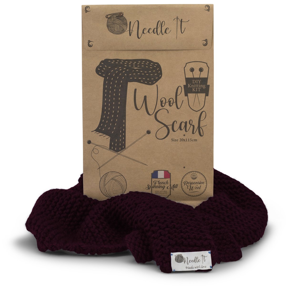 NEEDLE IT® Knitting Kit for Adult Beginners Complete with Knitting Needles – DIY Knitting Wool Scarf – Gift Idea (Bordeaux)