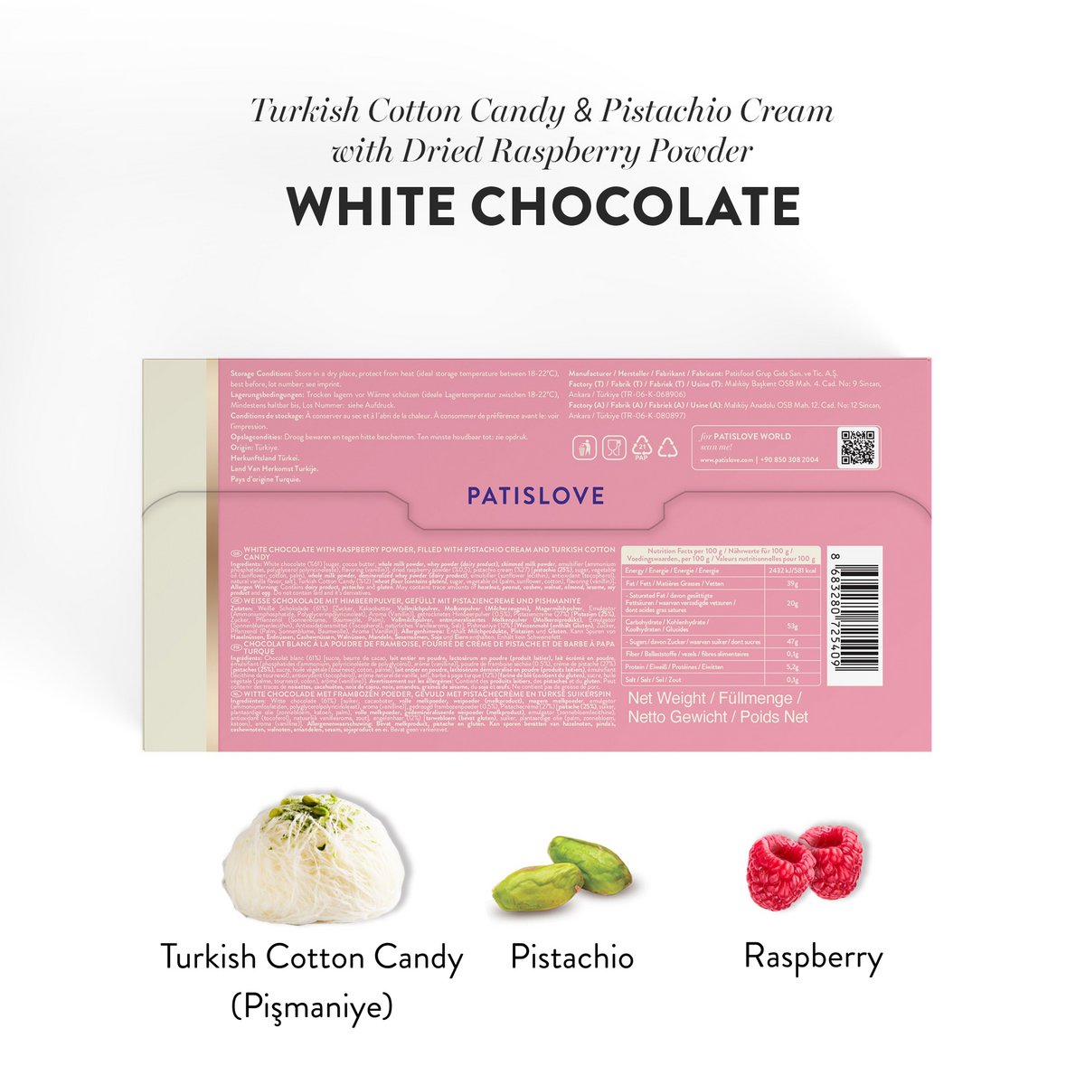 Angel's haar witte chocolade met gedroogd frambozenpoeder, 180 g