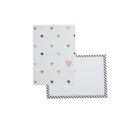 A6 card with a pattern of colorful hearts on a white background, accompanied by a brown envelope.