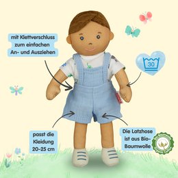 Stof Doll '' Ben '' med outfit til at sætte på og tage af, 22 cm