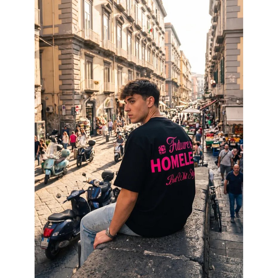 T-Shirt Nera 100% Cotone - Homeless - Made in Italy