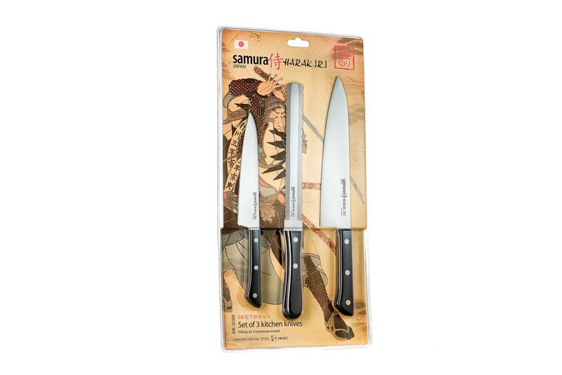 Samura Harakiri Knife Set, 3 pcs, Utility, Two-sided Saw & Chef's Knives, Black Handle