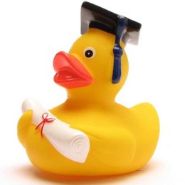 A yellow rubber duck wearing a graduation cap, representing a "Duck academic" product in the Kids Bath Toys category.