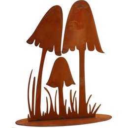 Rustic metal mushroom decor on a base or stake, ideal for autumn decorations. Includes details on colors, materials, and shapes.