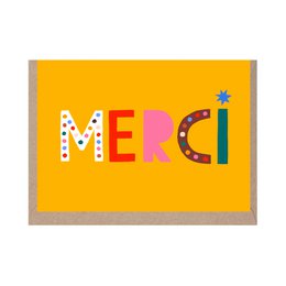 Colorful thank you card with the word "Merci" in decorative text. The card features a bright yellow background with various shapes and patterns.