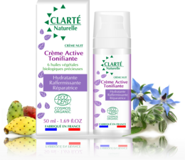 Organic night cream with active ingredients for toning and rejuvenating the skin. Contains natural botanicals like borage oil and vitamin E. Suitable for all skin types.