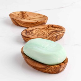 Handmade olive wood soap dish, natural wood grain, oval shape, rustic artisan design, sustainable material.