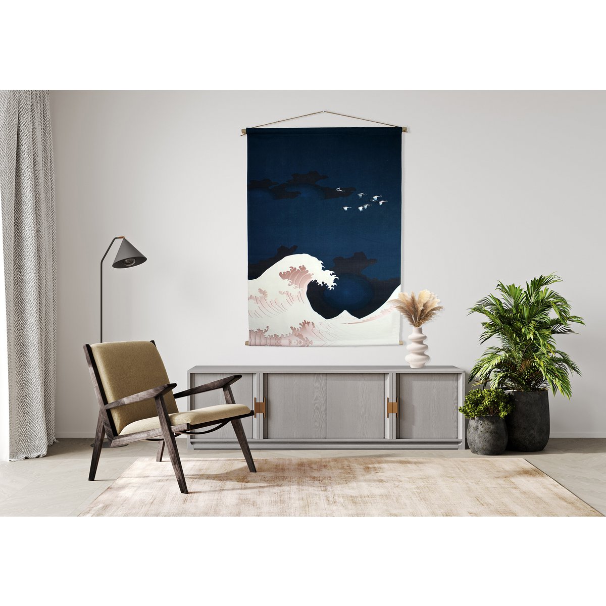 Wall hanging wave & cranes fabric 90x130 cm blue cotton