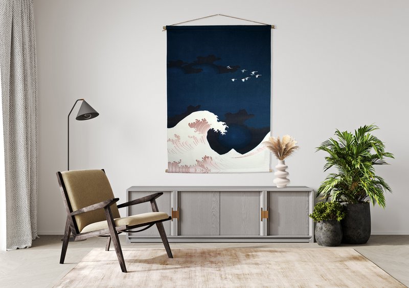Vægophæng bølge- og kranstof 90x130 cm blåt bomuld