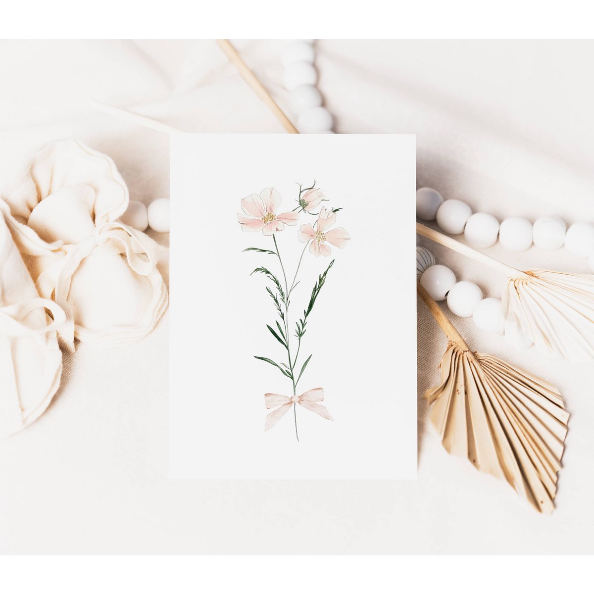 Blush spring flowers with bow, pink wildflowers poster, wildflowers bouquet print, floral nursery print, botanical poster, flower poster, floral nursery print, wildflowers poster, floral nursery poster, peach flowers
