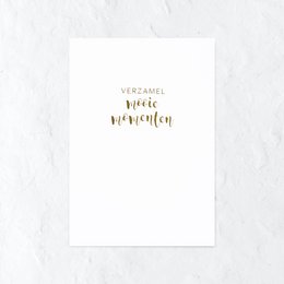 A white greeting card with the text "Collect beautiful moments" in gold lettering, accompanied by a pink peony flower.