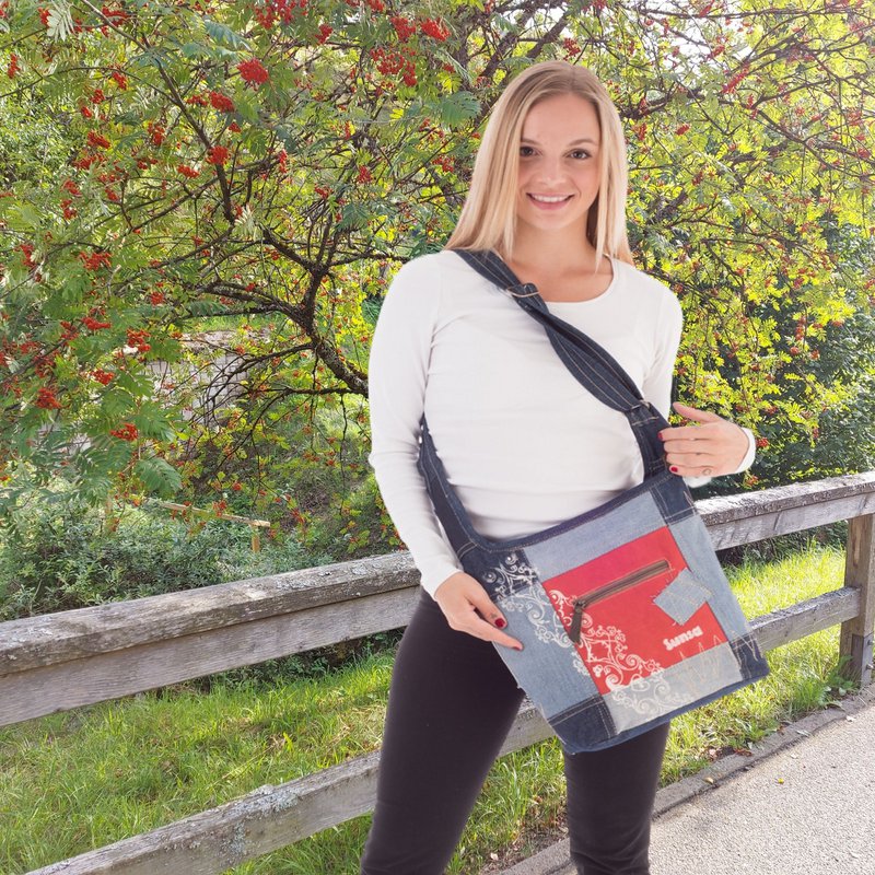 Sunsa dames schoudertas. Schoudertas gemaakt van upcycled jeans en canvas. Handtas vintage retro-stijl. Crossbodytas voor dames.