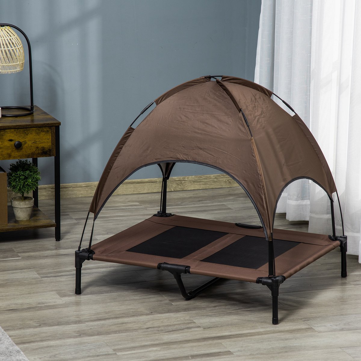 Elevated Dog Bed with Canopy, Pet Bed, Outdoor Dog Lounger with Roof, Breathable, Taffeta Fabric for Camping Gray 92 x 76 x 90 cm
