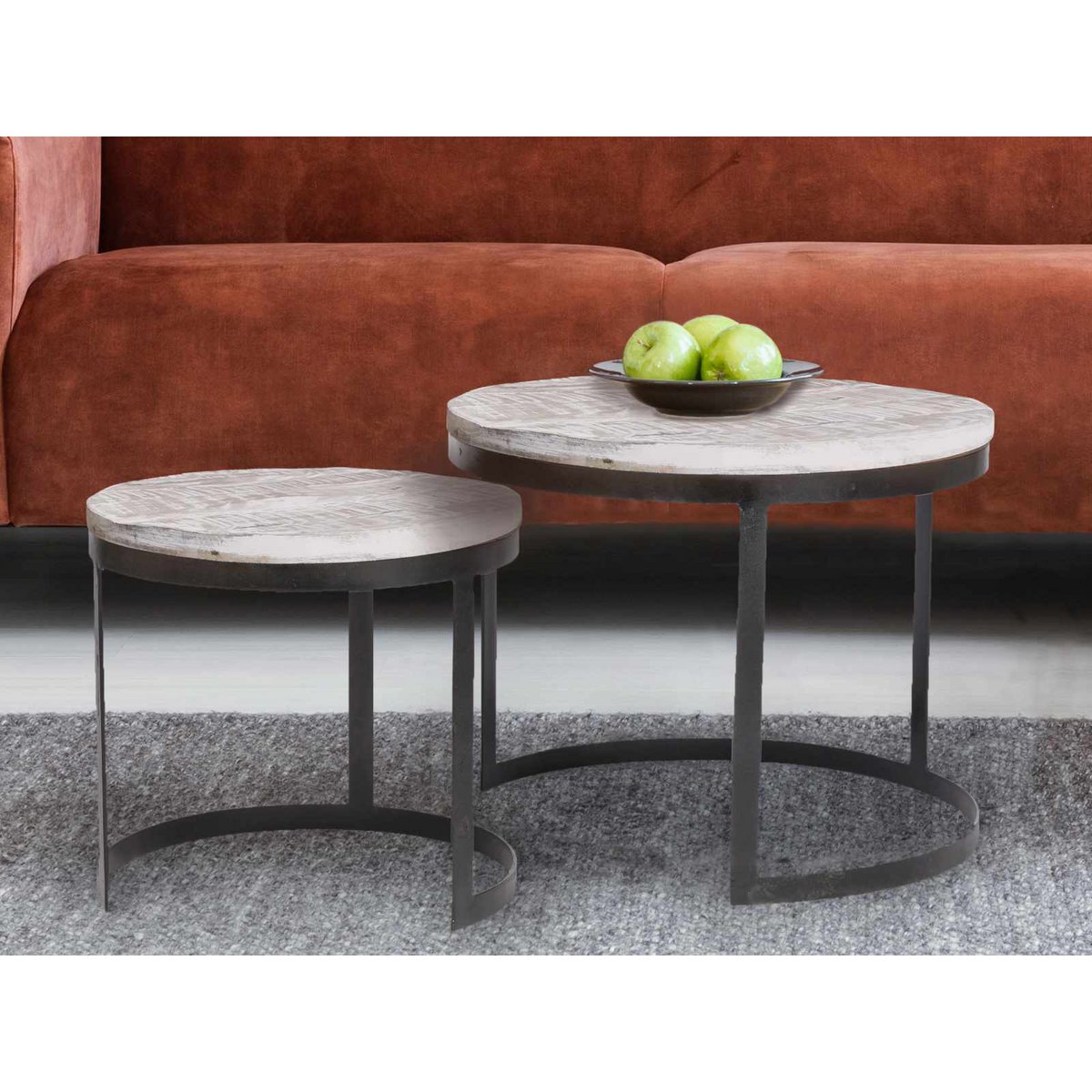 Mesa de centro, juego de 2, mesa auxiliar, mesa de salón, estructura redonda de metal Austin, plata antigua o negro