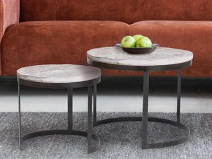 Coffee table set of 2 side table living room table round Austin metal frame antique silver or black