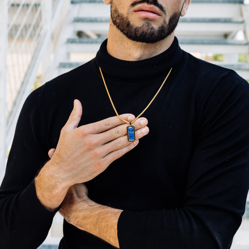 Men's Golden Stainless Steel Necklace with Rectangle Lapis Lazuli Pendant