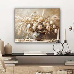 Lærredsmaleri - vægdekoration - blomster - lyserød - moderne - beige