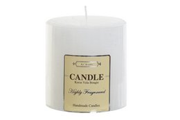 A tall, round, white wax candle measuring 6.5 x 6.5 x 7 inches and weighing 208 grams.