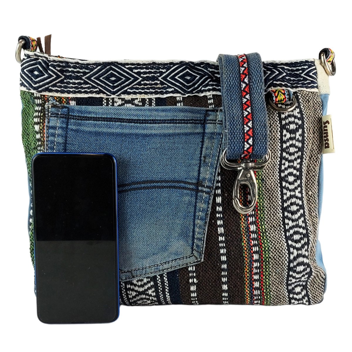 Sac bandoulière femme Sunsa. Sac bandoulière en jean upcyclé et coton. Sac à main style rétro vintage. Sac bandoulière pour femme.
