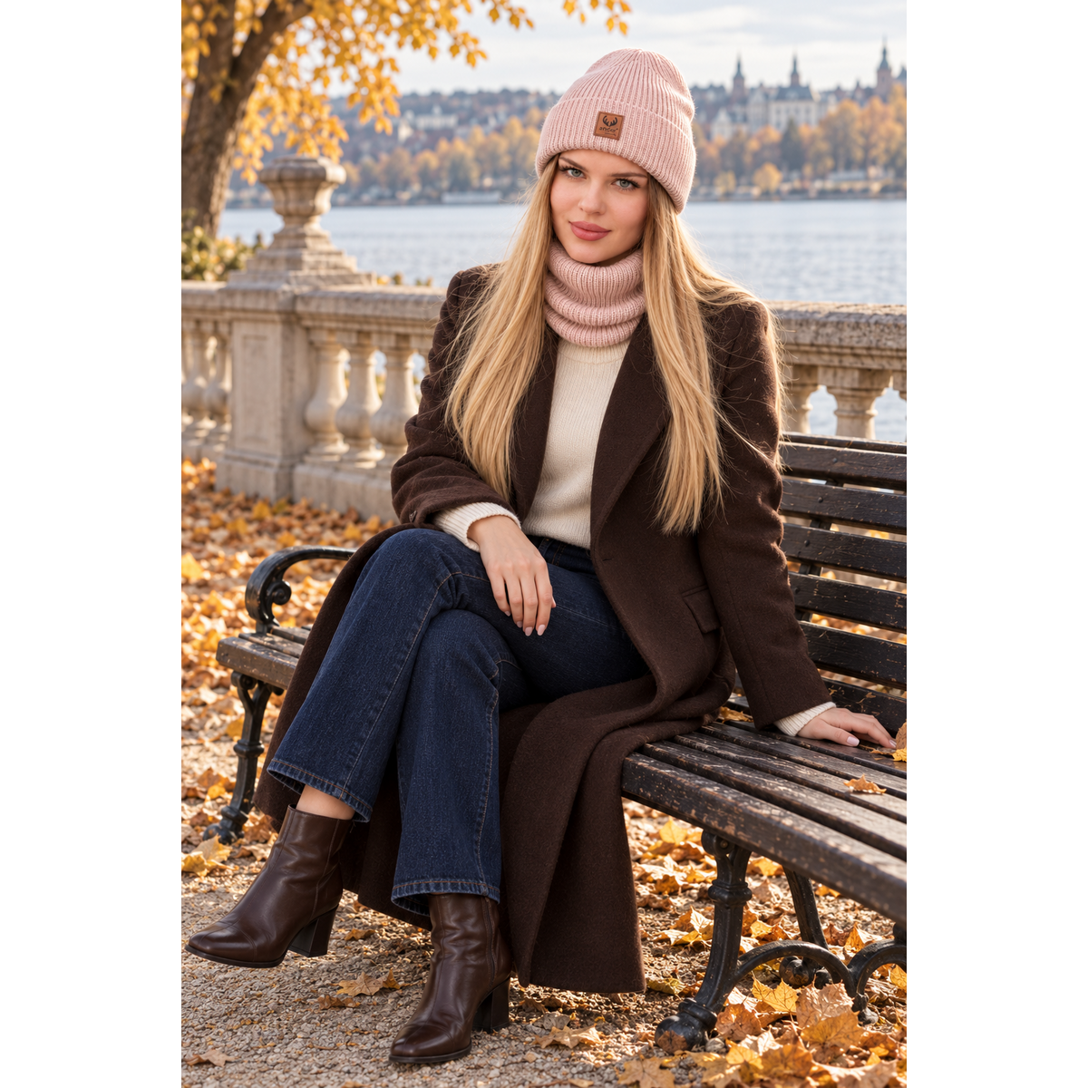 Completo cappello e sciarpa BRIGID - 100% lana merino - rosa cipria