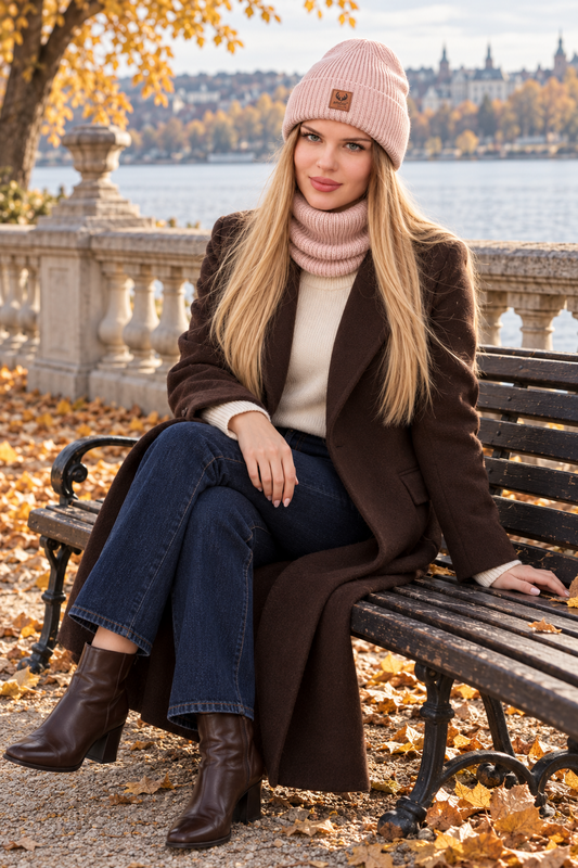 Completo cappello e sciarpa BRIGID - 100% lana merino - rosa cipria