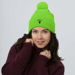 Self Love Pom-Pom Beanie - Women's Beanie with Embroidery