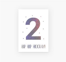 Glittery purple number 2 postcard with the text "Hip hip hooray!" Suitable for birthday celebrations or other special occasions.