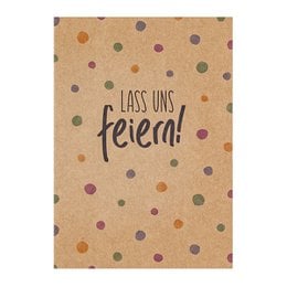 "Colorful polka dot greeting card with the text 'Lass uns feiern!' (Let's celebrate!) in a handwritten style font. The card is made of kraft paper material and has a simple, minimalist design."