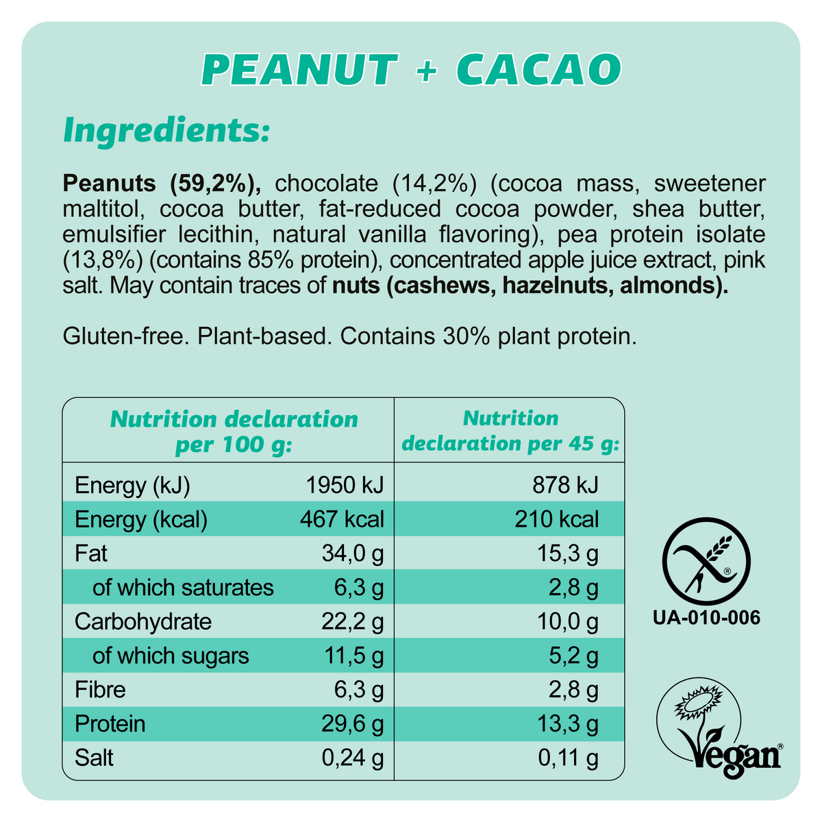 Vegan glutenvrije eiwitbar "Peanut + Cacao" 45G